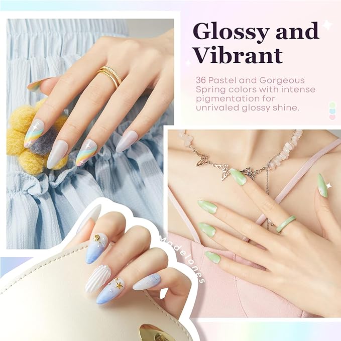 modelones 40 Pcs Gel Nail Polish Kit, 36 Colors 2026 Summer Spring Candy Pastel Gel Polish Set Soak Off LED Soft Light Purple Pink Blue Yellow Green with Base Coat& Matte Glitter Glossy Top Coat