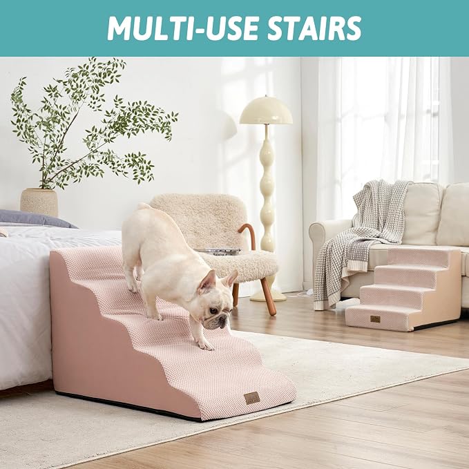 COZY KISS Wide Dog Stairs 19.7" Width, Pet Step for Small/Medium/Large Dog, Puppy or Cat, Pet Ramp for High Bed or Car, High Density Foam Ladder, 19.7x33x22.4 in, Stable, 5 Step, Pink