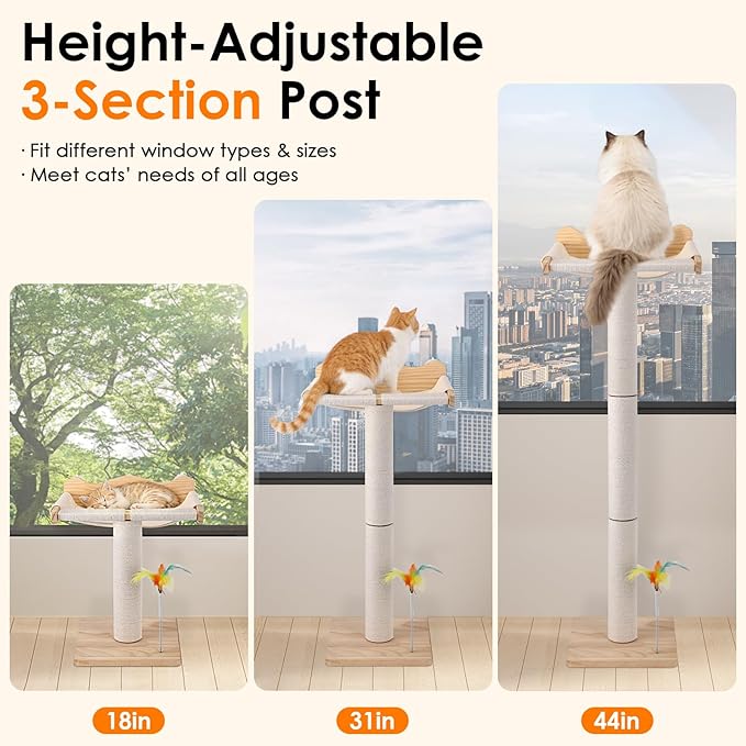 Keaber Cat Scratching Post with Window Perch, 44 Inch Adjustable Tall Sisal Rope Scratching Post for Large Cats, Suction Cup Cat Window Hammock Perch for Bird Watching, Climbing, Sleeping, Beige