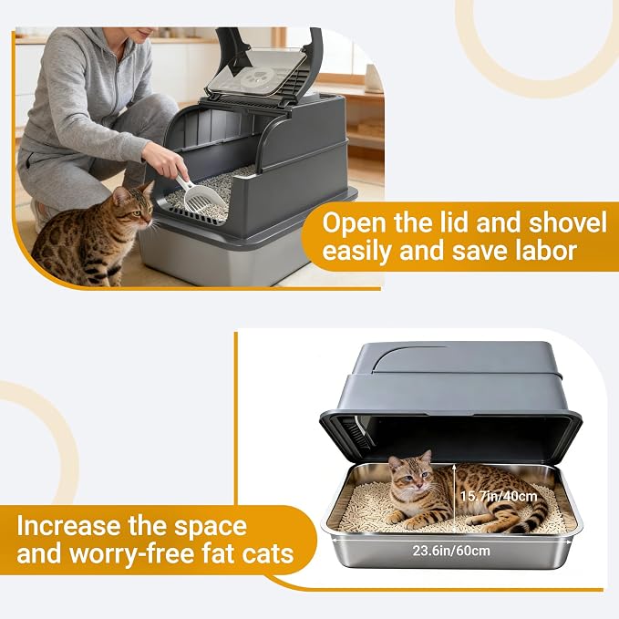 Stainless Steel Cat Litter Box with Lid, Large Enclosed Litter Box for Large Cats, High Sided Metal Cat Box with Two-Way Door & Anti-Scratch Scoop, Anti-Leakage Design, Silver