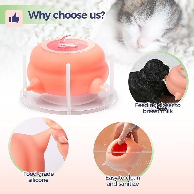 200ml Silicone Multi-Pet Milk Feeder with 4 Nipples(Pink) | Feeds 4 pets at once! Silicone, Stable base, Smooth milk flow. Leak-proof needles seal unused nipples. Includes syringe.