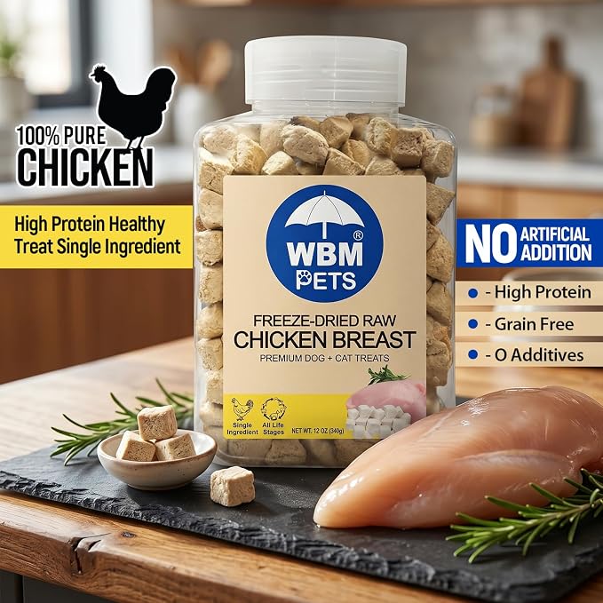 WBM Pets Freeze Dried Dog Treats | Chicken Breast, Single Ingredient | Premium Quality | Grain Free Training Treats for Dogs & Cat, 12 oz Plastic Jar