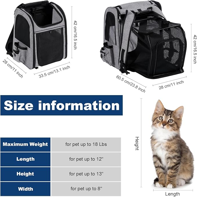 Pet Carrier Backpack for Cats, Dogs and Small Animals, Expandable Portable Pet Travel Carrier, Up to 18 Lbs, Super Ventilated Design, Airline Approved for Traveling, Hiking, Camping