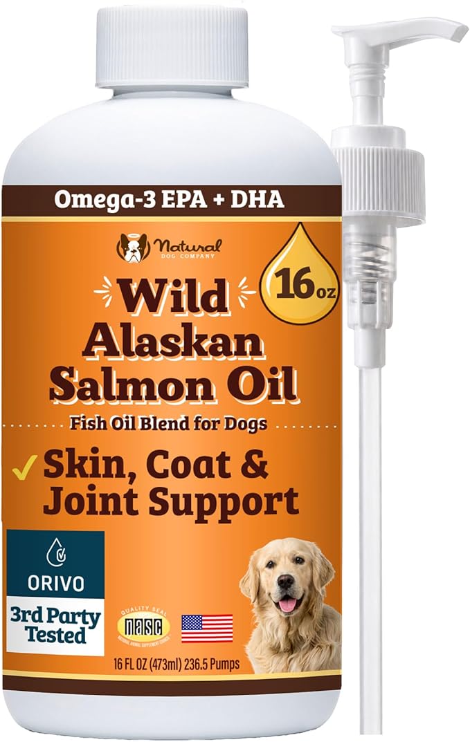 Natural Dog Company Wild Alaskan Salmon Oil for Dogs - Omega 3 Fish Oil Supplement with EPA & DHA for Skin, Coat, Itch Relief, Joints, Heart & Immune Support, Liquid Food Topper, 16 oz
