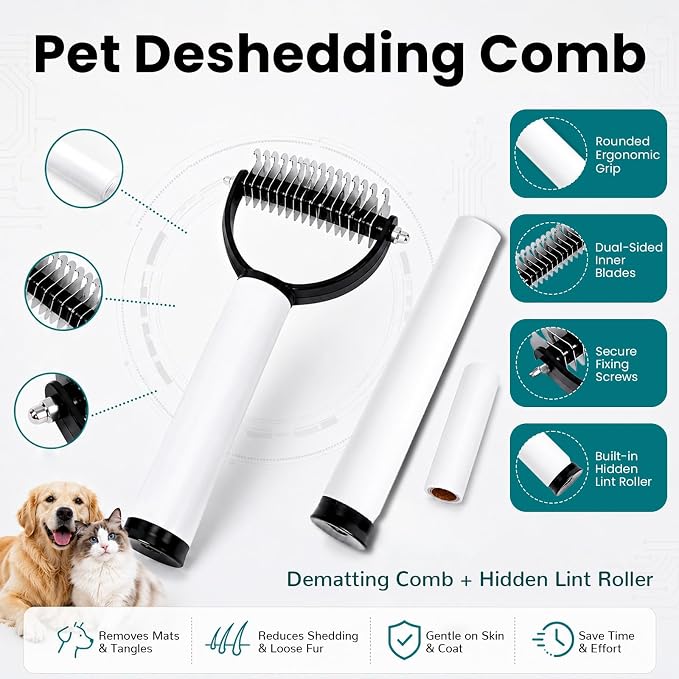 Deshedding Dog Brush with Dual-Sided Shedding Blade, Undercoat Rake & Dematting Comb, 2-in-1 Pet Hair Removal Tool for Dogs and Long-Haired Cats (Brown-1PCS)