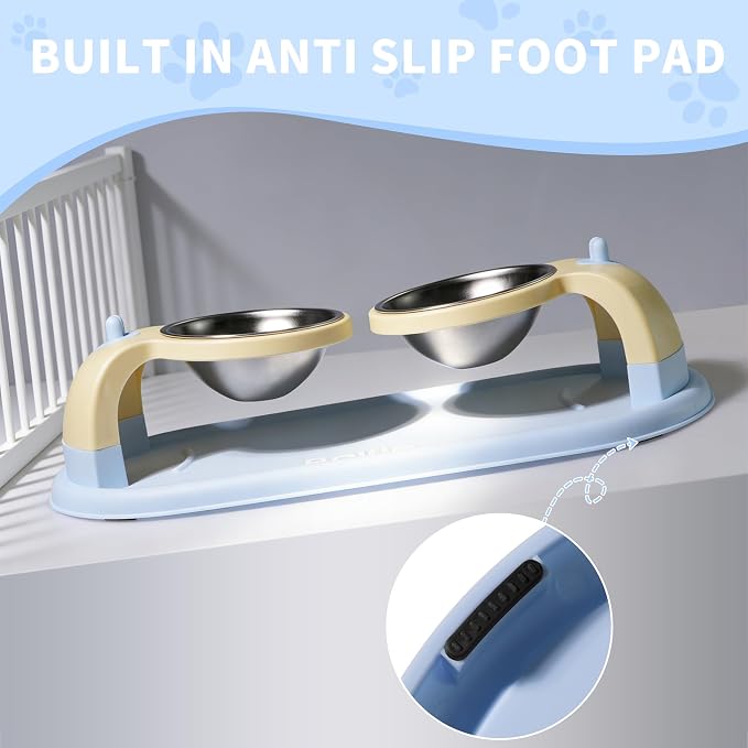 Elevated Stainless Steel Pet Bowls for Cats, 2-in-1 Food and Water Feeder with Non-Slip Base, with Spill-Proof Mat for Small Pets