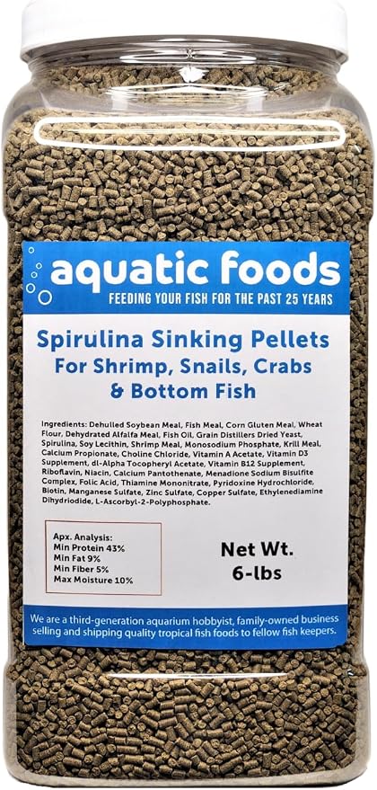 Spirulina Sinking Pellets for Shrimp, Snails, Crabs, Catfish, Plecos for All Tropical Fish 1/16" x 3/8" Pellets by Zeigler…6-lb Lg Jar
