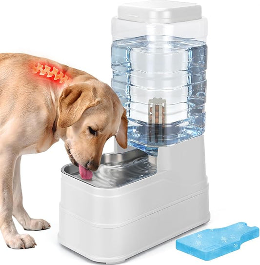2.2 Gallon Pet Automatic Dog Water Dispenser Cat Gravity Waterer Feeder with Stainless Steel Bowl Large Capacity Puppy Feeding Raised Bowls with Filter,Ice Pack (White, 8L(2.2 Gallon))