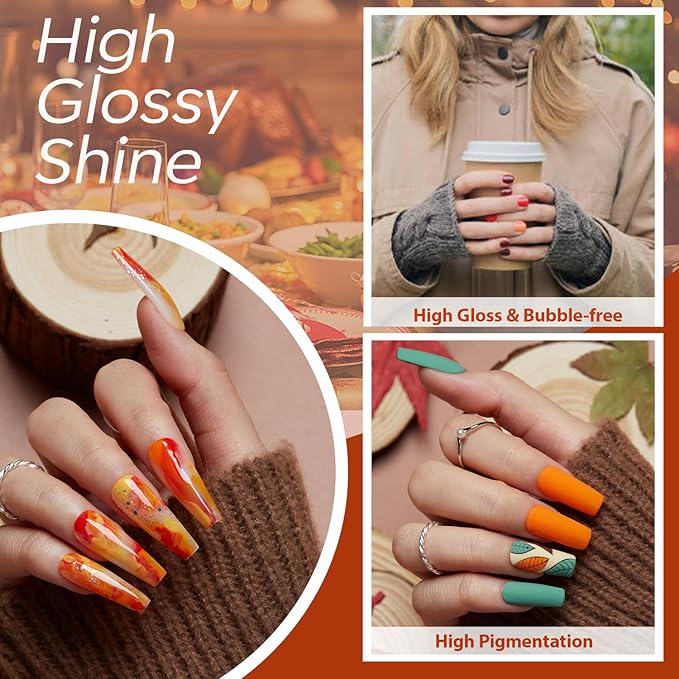 modelones 24PCS Fall Gel Nail Polish Kit, Red Brown Green Yellow Orange Gel Polish Set Soak Off Nail Polish Kit with Glitter, Glossy and Matte Top Base Coat DIY Manicure at Home