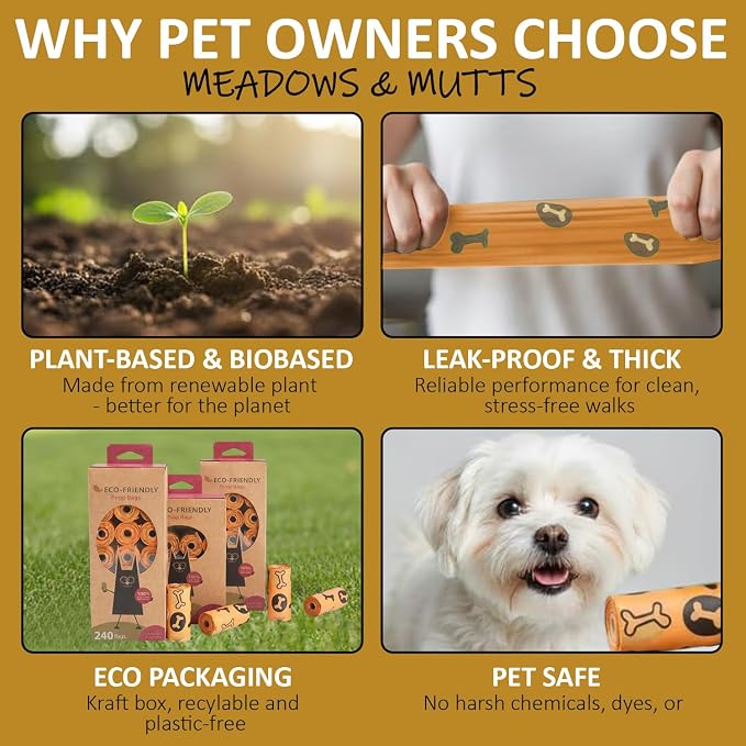 MEADOWS & MUTTS Dog Poop Bags - 240 Count Compostable Biodegradable Plant Based Pet Waste Bags | Leak Proof Extra Thick | Lavender Scented Eco-Friendly Puppy Poop Bags