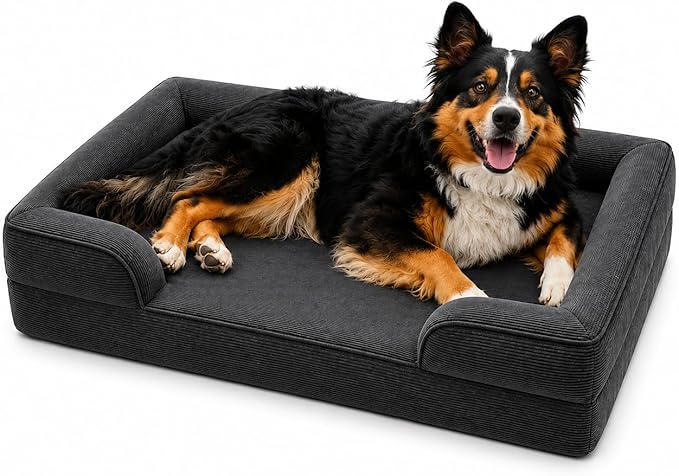 Orthopedic Dog Bed for Large Dogs, Premium Corduroy Memory Foam Pet Bed with Washable Cover & Waterproof Liner, Non-Slip Bottom, Modern Gray Bolster Bed