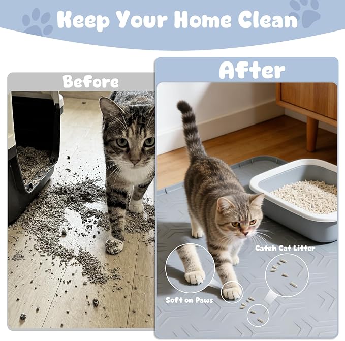 JUJOMAT Cat Litter Box Mat, 40"*28" Large Silicone Cat Litter Trapping Mat Non-Slip Gray Kitty Litter Mat for Indoor Cats, Waterproof Pet Food Mats Easy to Clean & Soft on Kitty Paws