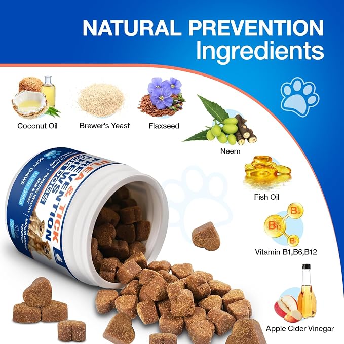 Natural Flea and Tick Prevention for Dogs Chewables, 180 Cts, Oral Flea Pills for Dogs, Dog Flea and Tick Treatment, Skin & Coat Support Supplement
