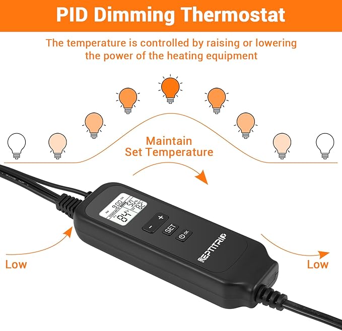 REPTITRIP 8.5 Inch Reptile Heat Lamp Fixture with PID Thermostat & 150W Ceramic Heat Emitter (Non-Light Emitting), Independent Day & Night Temperatures, Lampshade MAX 150W
