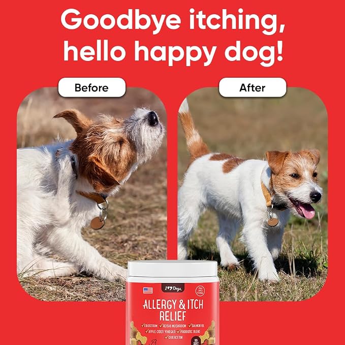 iHeartDogs Allergy & Itch Relief for Dogs with Salmon Oil, Quercetin, Colostrum, Antioxidants and Probiotics - 90 Count