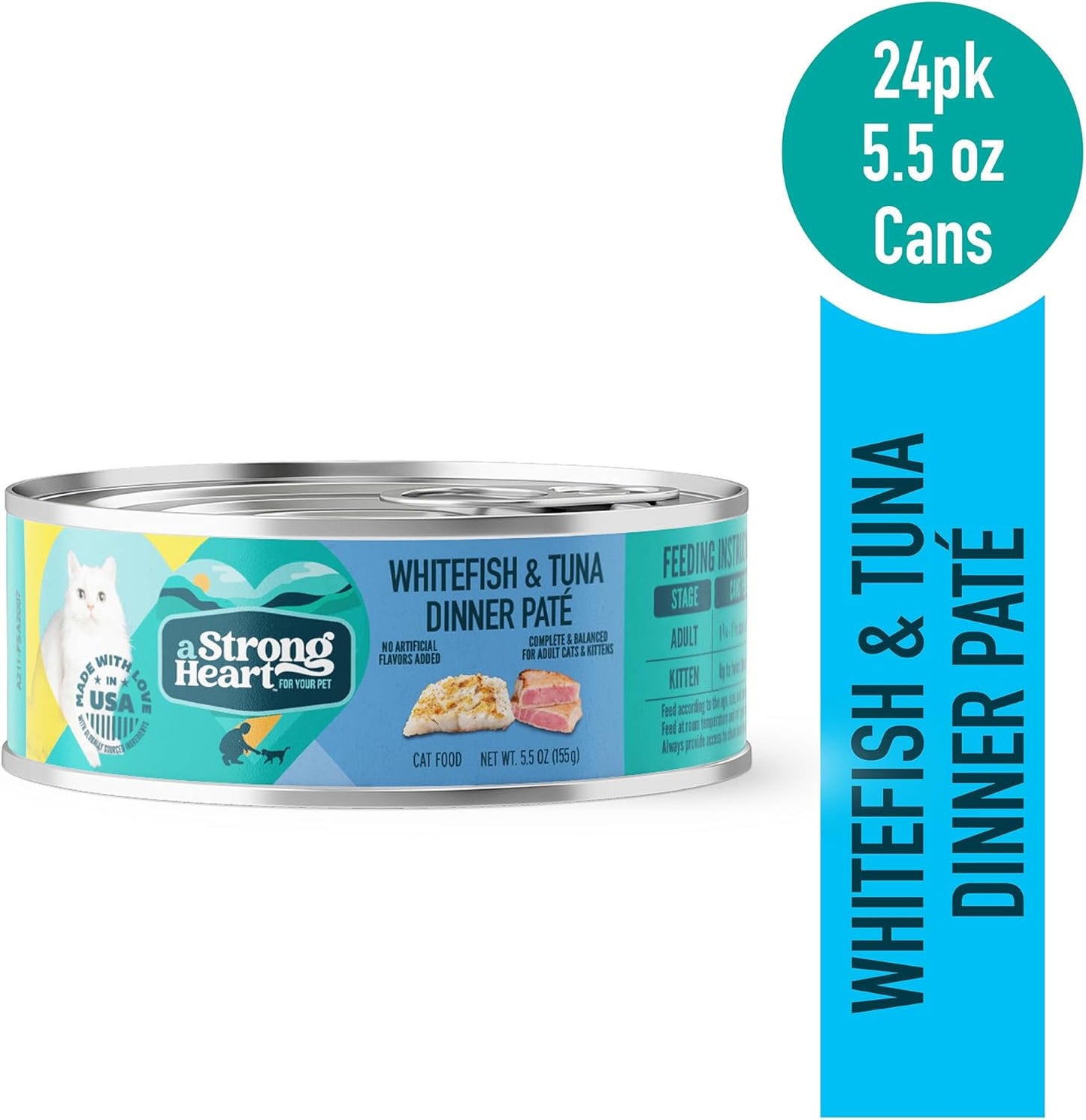 A Strong Heart Canned Wet Cat Food, Whitefish & Tuna Dinner Paté - 5.5 oz Cans (Pack of 24), Made in The USA with Real Ocean Whitefish & Tuna