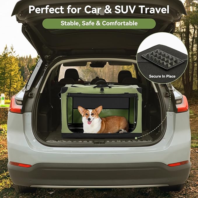PETSFIT 26" Soft Portable Dog Crate – Patented Spiral Sturdy Frame, Collapsible Travel Kennel for Small Dogs, 3 Mesh Door, Lockable Zippers, Indoor & Car Use Green