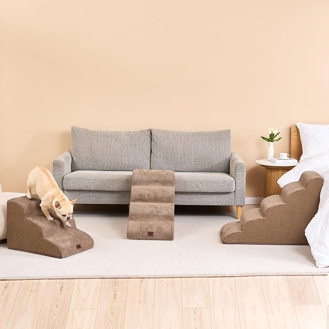 EHEYCIGA Curved Dog Stairs Ramp for Small Dogs 15.7" H, 3-Step Dog Steps for Couch Sofa and Chair, Pet Stairs for Cats, Non-Slip Balanced Pet Steps Indoor, Camel