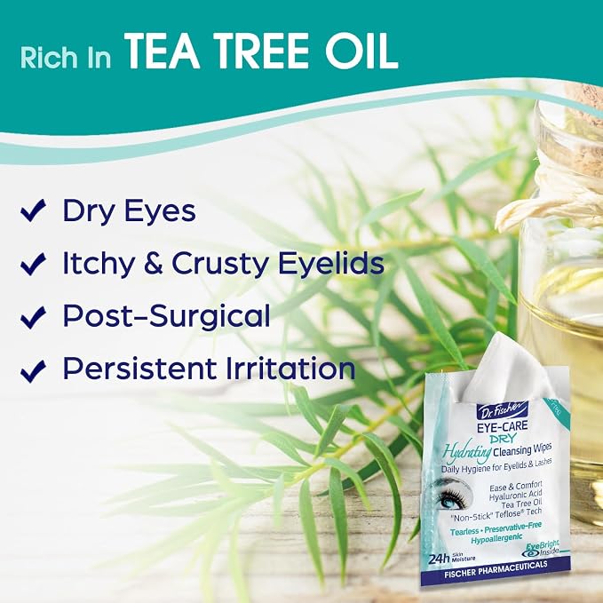 Dr. Fischer Tea Tree Eyelid Wipes - Gentle Eye Wipes for Everyday Eye Cleansing and Hypoallergenic Makeup Remover (60 Wipes)