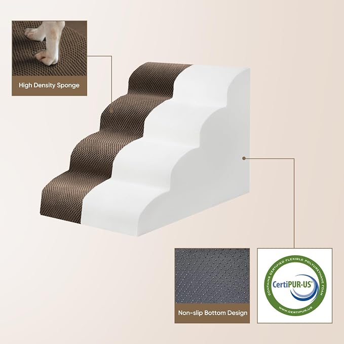 PAWSCRAT Pet Stairs for Dogs 4-Step, 19.6" H Pet Stairs for High Bed, Couch Sofa & Chair, 30D Material Soft Foam Dog Steps with Non-Slip Bottom Surface Removable Washable Cover, Brown