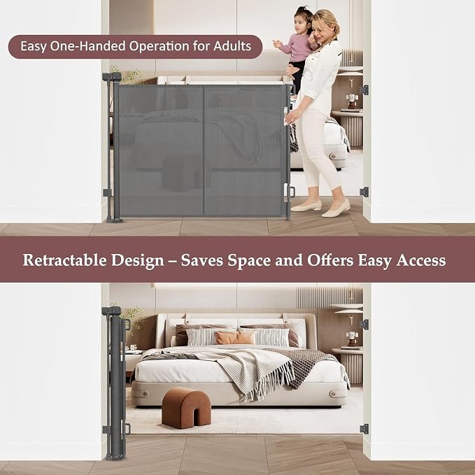 Reinforced 41 Inch Extra Tall Retractable Baby Gate 55" Wide Mesh Baby Gate Retractable Pet Gate with Support Rods – Prevents Crawling Under, Indoor Retractable Gate Outdoor Extra Tall Pet Gate, Gray
