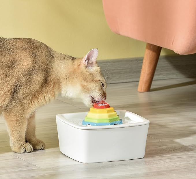 Ceramic Cat Water Fountain 1.5L/50.73oz Rainbow Cats Tower Water Dispenser Dog Water Bowl Dispenser Cat Fountain for Cats Indoor Ultra Quiet Pump Pets Water Bottle Rectangular