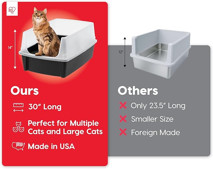 IRIS USA Extra Large Litter Box XXL Open Top High Sided Walls Scatter Shield Scoop Included Easy Clean Plastic Pan for Big Cats Multi-Cat Households 30" L x 20" W x 14" H Black