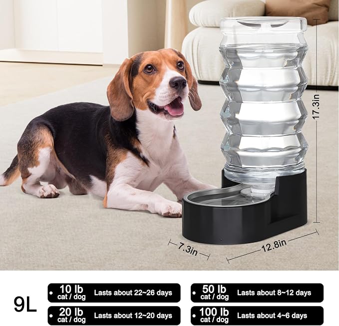 RIZZARI Black 9L Dog Water Dispenser with Stainless Steel Bowl - Advanced Filter for Urinary Health, Auto Gravity Flow, Spill-Resistant with Waterproof Mat, for Multi-Dog Homes & Garage/Balcony