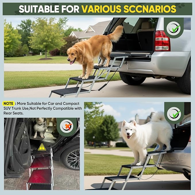 Sakerplus Dog Ramps for Car, 17.7inch Wide Foldable Dog Stairs with Non Slip Surface, Portable Pet Steps for SUV, High Beds, Truck, Support Up to 200lb, 5 Steps