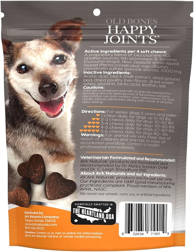ARK NATURALS Gray Muzzle Old Dogs! Happy Joints! Vet Recommended to Support Cartilage and Joint Function, Glucosamine, 90 Soft Chews,Orange