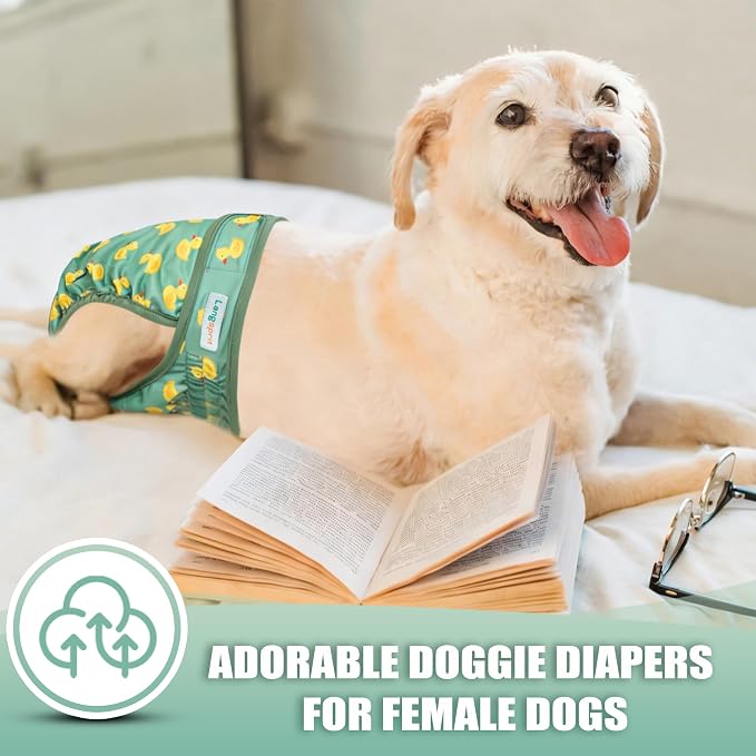 Langsprit Female Dog Diapers for Doggie Puppy,Reusable Dog Period Diapers Female for Heat Peeing,Small Medium Large Doggy Diaper Washable,Dogs Pants 5 Pack, Duck, XX-Large