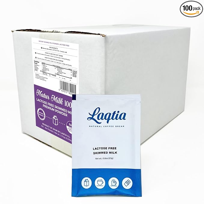 Instant Lactose Free Skim Milk Powder PACKETS by Laqtia, 100 PACKETS BULK Box, Makes an 8oz glass of fat free milk, Non GMO, Free of bST and rBGH, made using 100% European Dairy, product of Spain
