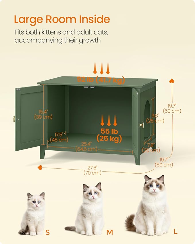 Feandrea Cat Litter Box Enclosure, Modern Hidden Cat Litter Box Furniture, Double Doors, Handles, Indoor Pet House Washroom, Living Room Side End Table, Forest Green UPCL015CH01