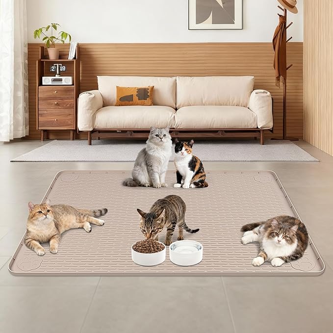 Cat Food Mat, 40" x 28" Large Silicone Mat Cat Feeding Mat with Raised Edge Non-Slip Pet Feeding Mat for Food and Water Bowl, Easy to Clean, Floor Protection (Khaki)