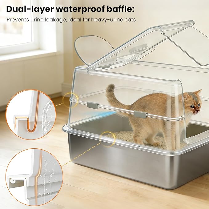 Extra Large Stainless Steel Cat Litter Box with 120° Lid for Multiple Cats, Enclosed Top Entry Litter Box High-Sided Anti-Leak Litter Box, Dog Proof Litter Boxes with Litter Step & Scoop