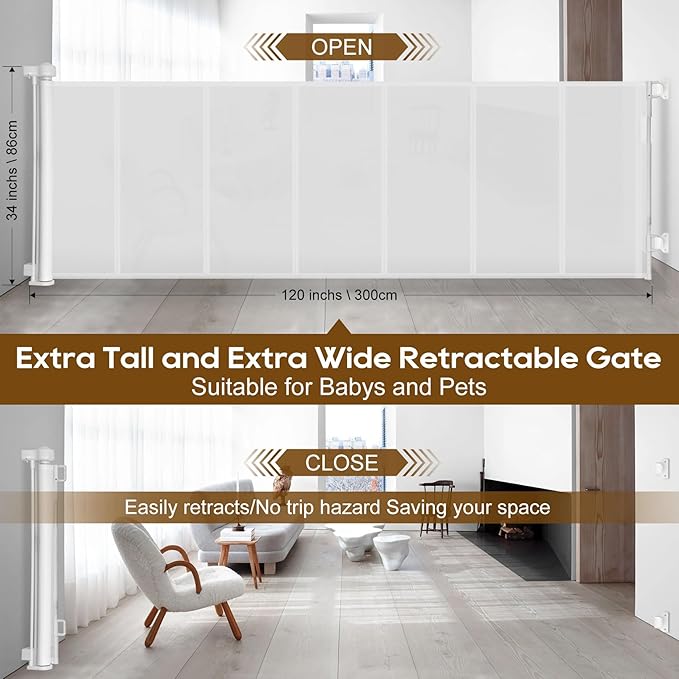 Miumoon 120 inch Retractable Baby Gates 34 inch Tall, Retractable Gate with Reinforced Strip Design to Prevent Crawling Through, 10 FT Extra Wide Retractable Dog Gate for Indoor/Outdoor