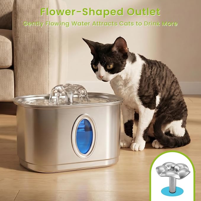 Cat Water Fountain Stainless Steel 108oz/3.2L, Automatic Pet Water Fountain with 3 Filters, Ultra Quiet Water Dispenser for Indoor Cats Dogs, Visible Level Window, Easy to Clean
