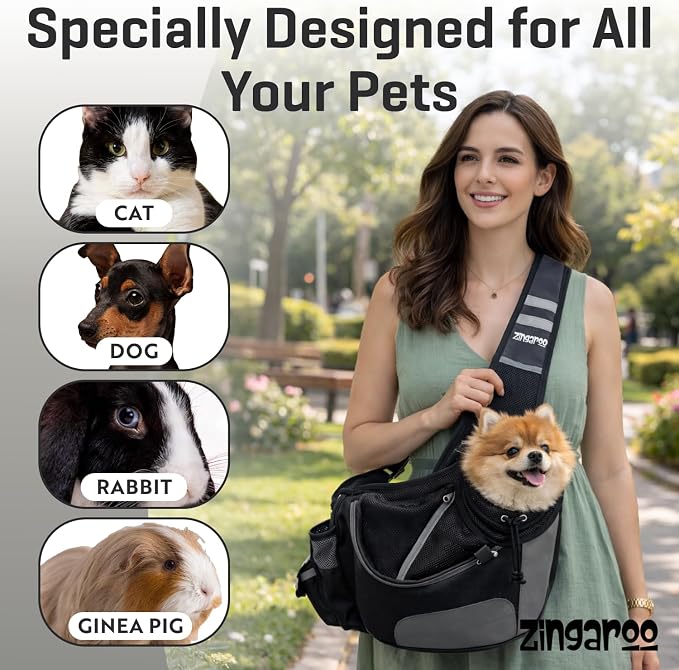 Hands-Free Sling Pet Carrier for Cats and Small Dogs up to 7lbs – Travel Set Includes Foldable Water Bowl & ID Card – Breathable Mesh, Safety Hook & Adjustable Padded Strap for Walking & Travel