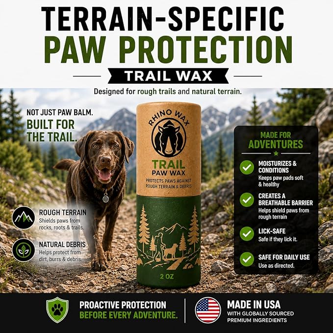 Rhino Wax - Dog Paw Trail Wax 2oz - Use Before Taking Dogs on a Hike - Balm Helps Protect Against Rocks, Uneven Terrain, Thorns, Glass - Moisturizes and Improves Elasticity - Lick-Safe - Made in USA