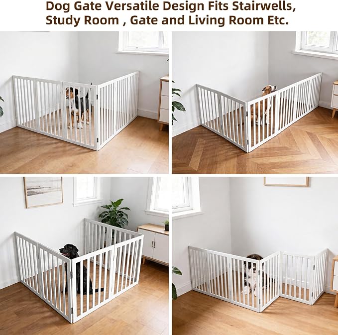 Foldable Indoor Dog Gate for The House Freestanding Stairs Nature Wooden White Pet Gate for Doorway Puppy Gate for Dogs Expandable Dog Fence for Stairs or Hallways 24"" Height 6 Panels