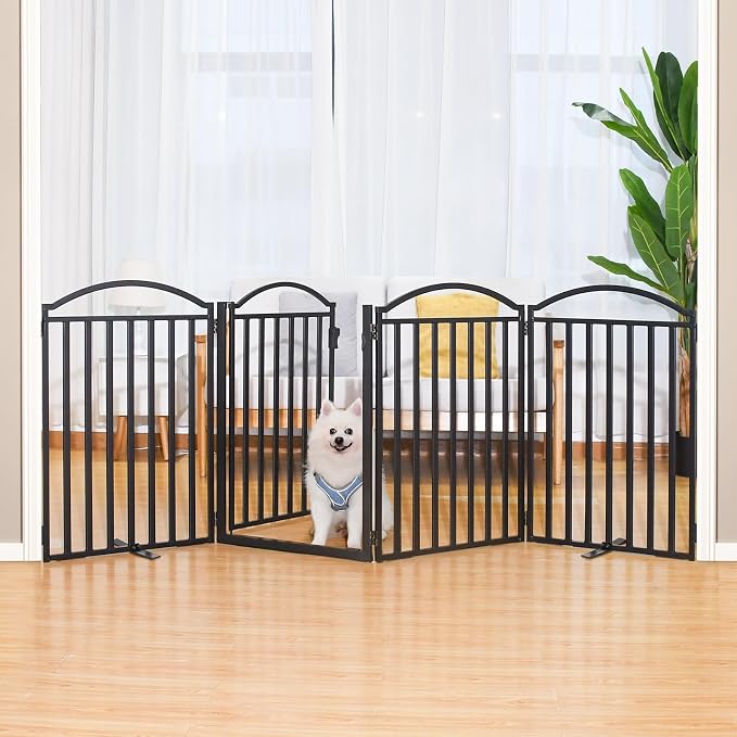 Malier Metal Freestanding Dog Gates with Door, 32'' Height Outdoor Indoor Dog Fences, 96'' Extra Wide Foldable Puppy Gate Free Standind Tall Pet Gate for Stairs, Hallways, Yard (Black, 4 Panels)