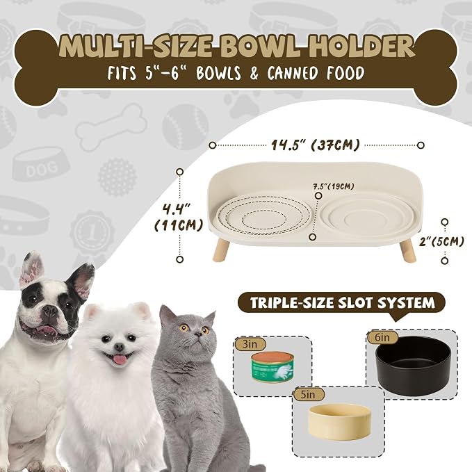 Slow Feeder Cat Bowls with Stand - Double Ceramic Cat Dishes and Splash-Proof Base Bundle - Elevated Feeding Station - White & Green