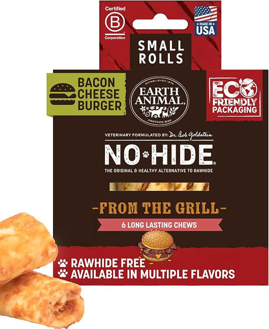 Earth Animal No Hide Chews - from the Grill Rolls Bacon Cheeseburger Flavor Rawhide Free Small Dog Chews - 6 Count
