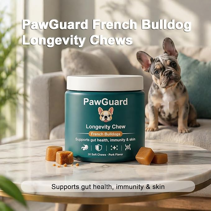 PawGuard French Bulldog Longevity Chews, Breed-Specific Formula Supplement for Bulldogs' Probiotics Chews, Supports Gut Health, Immunity & Skin, Pork Flavor, 30 Count (1 PC)