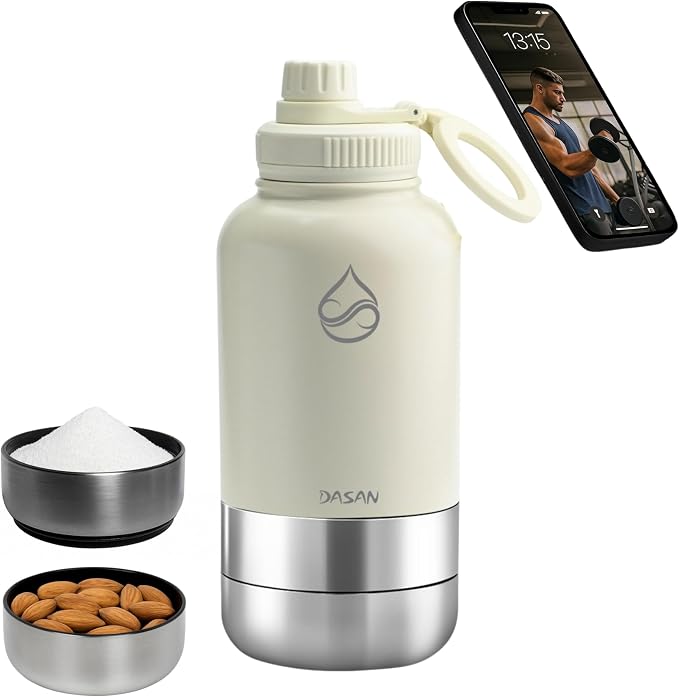 DASAN Magnetic Water Bottle with Phone Holder & 2 Storage Bowls - 32oz MagSafe Tripod, Insulated Stainless Steel for Outdoor Travel, Camping, Hiking & Content Creators
