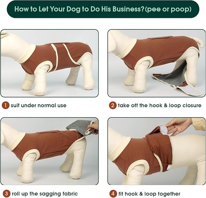Kuoser Dog Recovery Suit, Soft & Breathable Fabric, Anti Licking, Cone Alternative, Brown, Large (Back: 16.1" - 20.1"; Weight: 23 - 48LB)