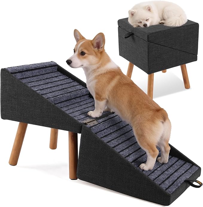 Dog Stairs for Small Dogs 17" H 2-in-1 Foldable | Wooden dog stairs for couch 2-in-1 ottoman steps Non-slip walking surface for puppy senior injured dogs Compact space-saving