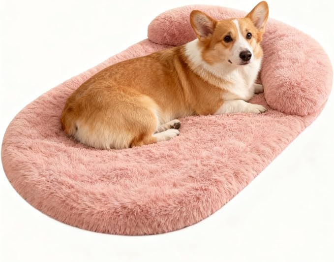 Orthopedic Dog Bed with Egg-Crate Base, Calming Dog & Cat Beds Long Plush with Raised Edges, Spine Friendly Pet Sleeping Mat for Small Medium Dogs, Machine Washable (Oval, Blush Pink 26"x20")