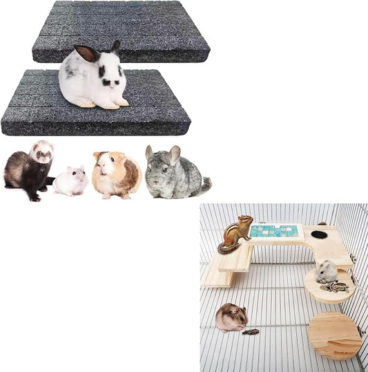 BNOSDM 2Pcs Black Rabbit Grinding Claw Pads 2Pack Bunny Scratch Foot Pads and Wooden Hamster Cage Platform Set Wood Chinchesilla Ledges and Platforms for Guinea Pig Ferret Chinchesilla Mouse