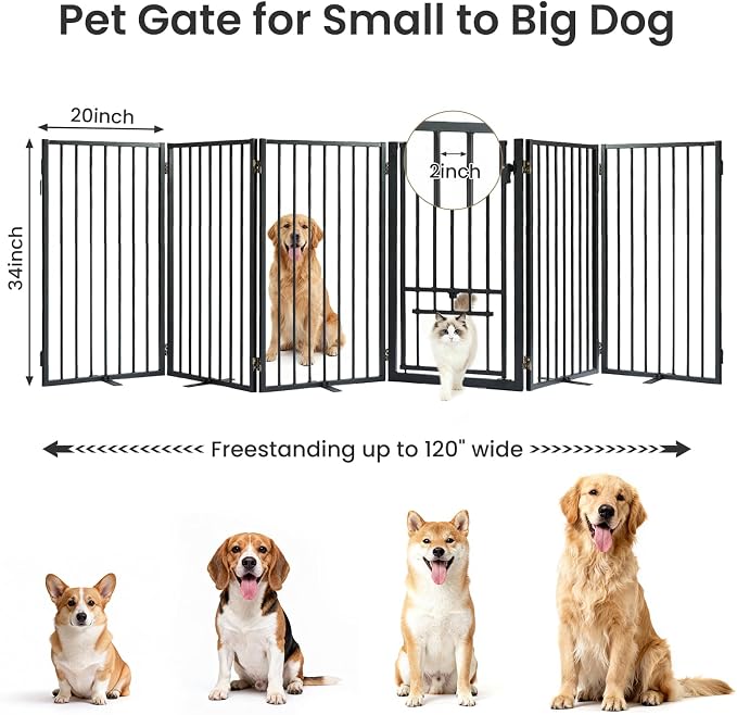 Metal Freestanding Dog Gate with Cat Door for Outdoor & Indoor,34" Tall Foldable Pet Fence,120" Extra Wide Dog Gate for RV Camping,Stairs,Hallways,Doorways,Deck,Yard,with 5PCS Support(6 Panels,Black)